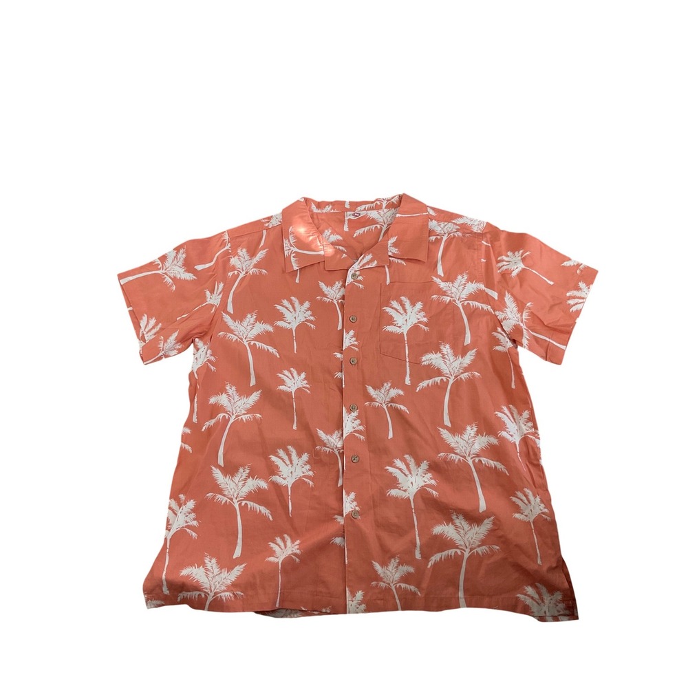Barefoot In Paradise‎ Mens XL Coral Pink White Palm Tree Hawaiian Camp Shirt